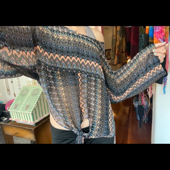 M-L Neon Aztec Pattern Top Tribal Rave Polyester - Picture 3 of 5